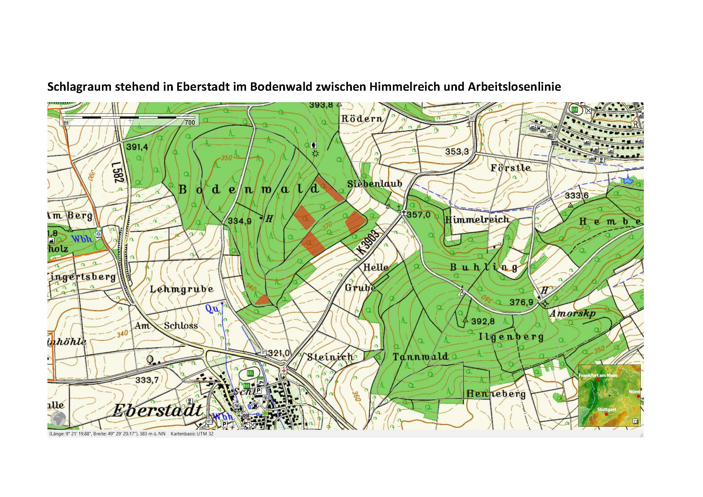 Karte Schlagraum stehend im Eberstadt Himmelreich und Arbeitslosenlinie an mehrere Orten